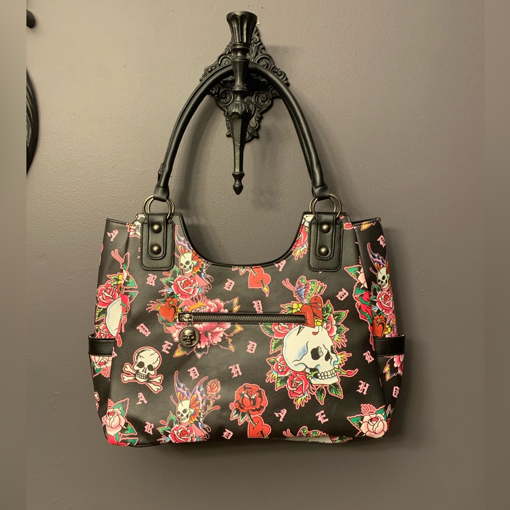 Ed Hardy Skull And Roses Black Tote Bag